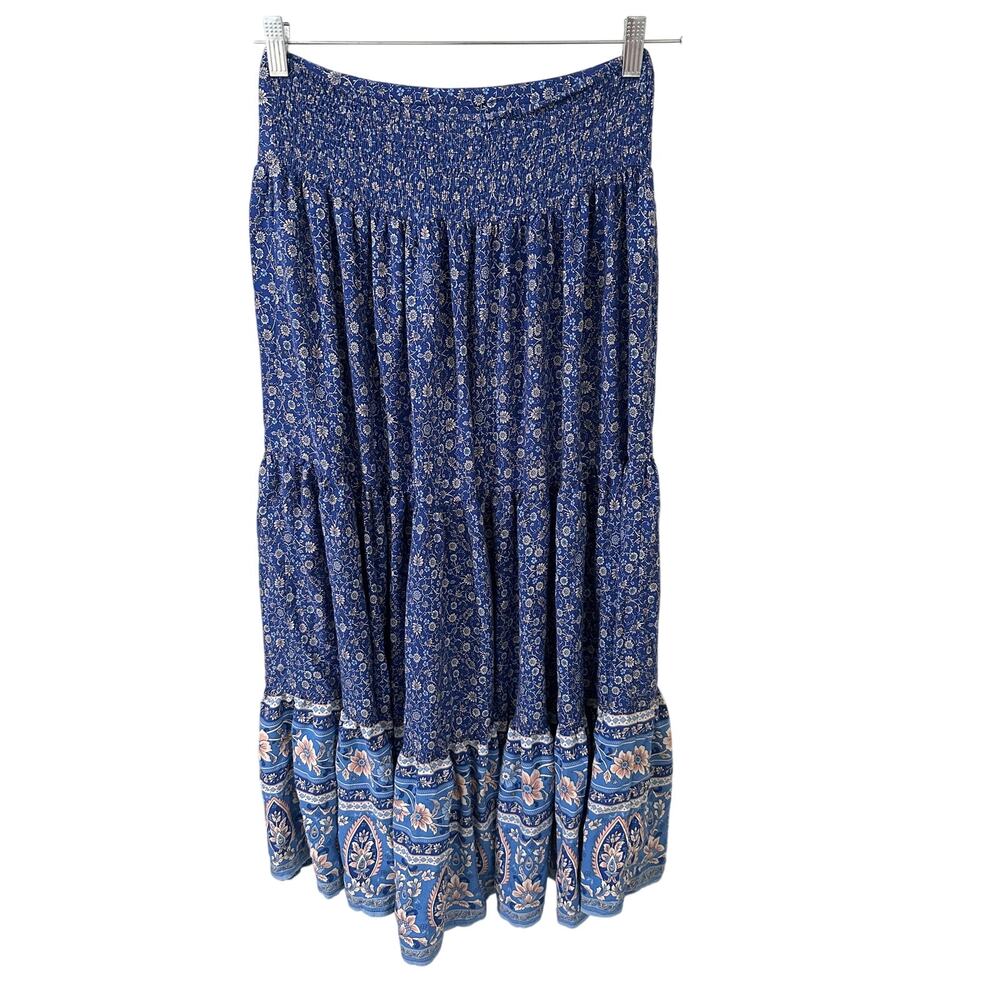 Natural Life Blue Floral Smocked Waist Tiered Maxi Skirt Size S Boho Prairie - Picture 7 of 7